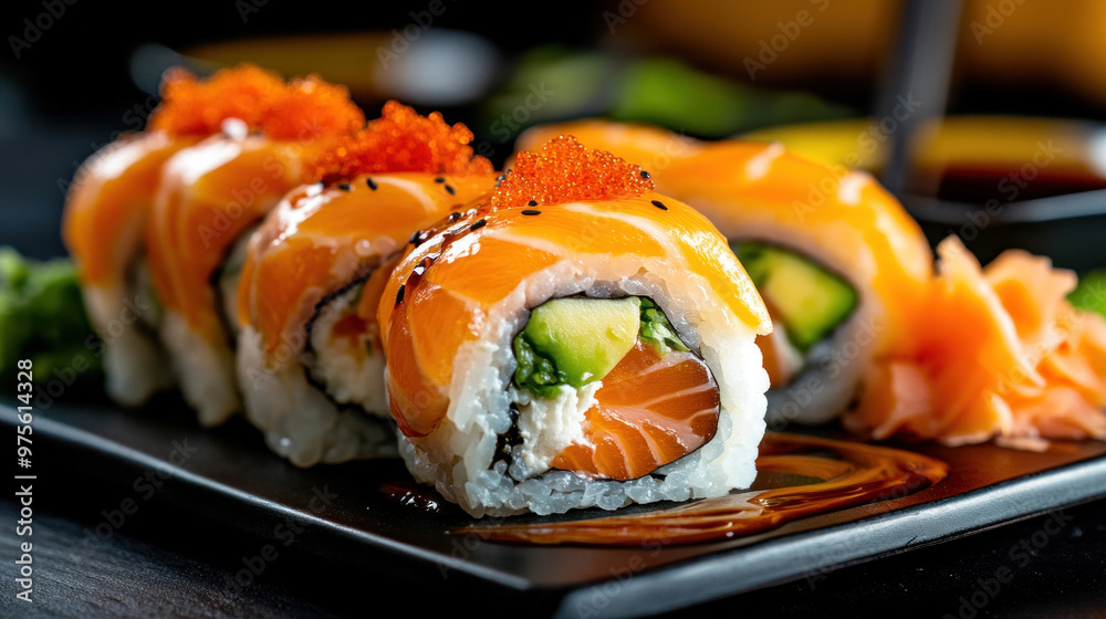 The image features sushi rolls filled with fresh salmon and avocado, beautifully presented with soy sauce and wasabi. The image features sushi rolls filled with fresh salmon and avocado, beautifully presented with soy sauce and wasabi.