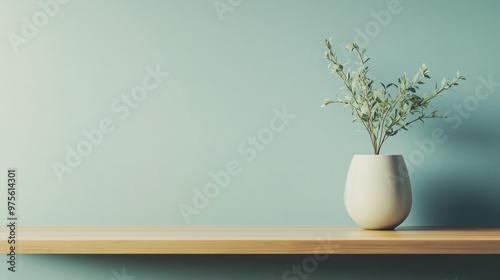 Minimalist wooden counter table against concrete textured blue wall with shadow light plant