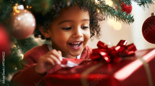 Little girl excited for christmas. holiday magic and child's delight.