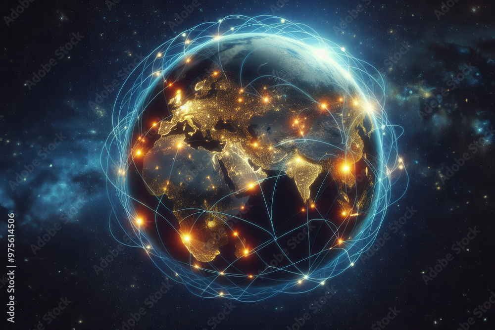 The Earth from space at night, showcasing continents lit up with city lights and a network of glowing curved lines connecting different points across the continents, symbolizing global communication l The Earth from space at night, showcasing continents lit up with city lights and a network of glowing curved lines connecting different points across the continents, symbolizing global communication l