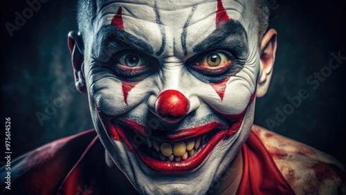 A sinister clown's face emerges from shadows, painted with vibrant red nose, menacing eyebrows, and grotesque white face paint, exuding malevolent terror on Halloween night. photo