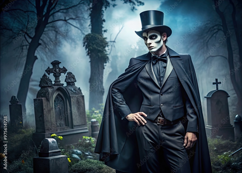 Naklejka premium A slender male model stands confidently in a dark graveyard, wearing a flowing black cape, top hat, and skeleton mask, evoking a hauntingly stylish Halloween look.