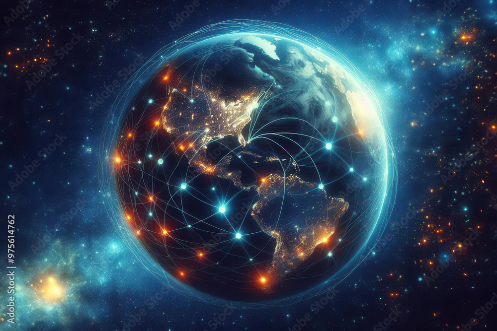The Earth from space at night, showcasing continents lit up with city lights and a network of glowing curved lines connecting different points across the continents, symbolizing global communication l The Earth from space at night, showcasing continents lit up with city lights and a network of glowing curved lines connecting different points across the continents, symbolizing global communication l
