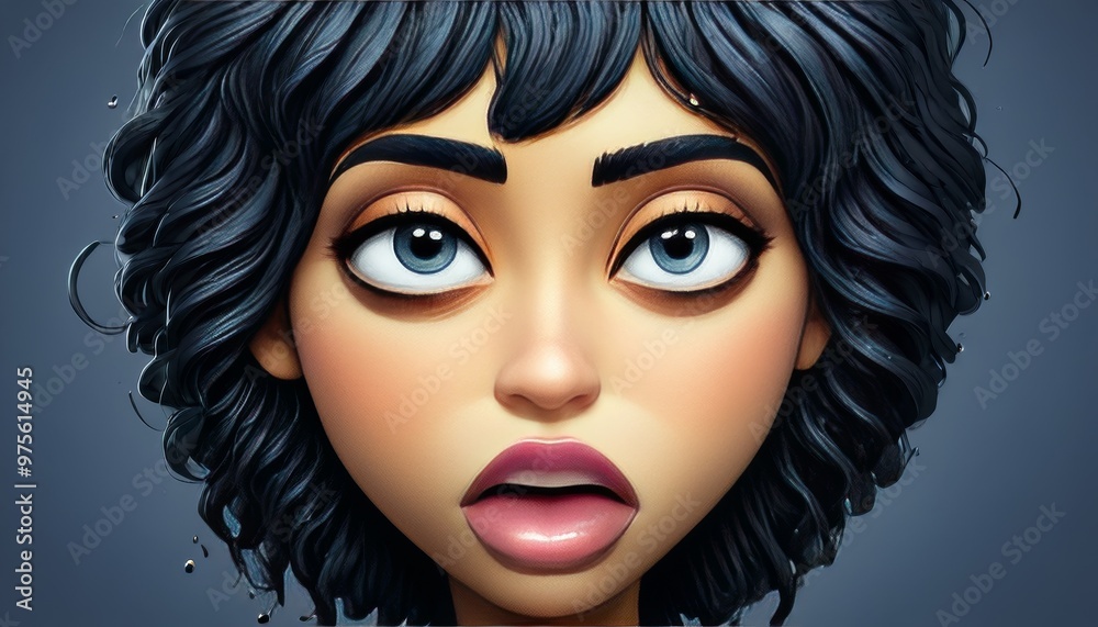 A close-up illustration of a young woman with curly black hair and a surprised expression. Her large blue eyes and slightly open mouth convey a sense of astonishment or shock.. AI Generation A close-up illustration of a young woman with curly black hair and a surprised expression. Her large blue eyes and slightly open mouth convey a sense of astonishment or shock.. AI Generation