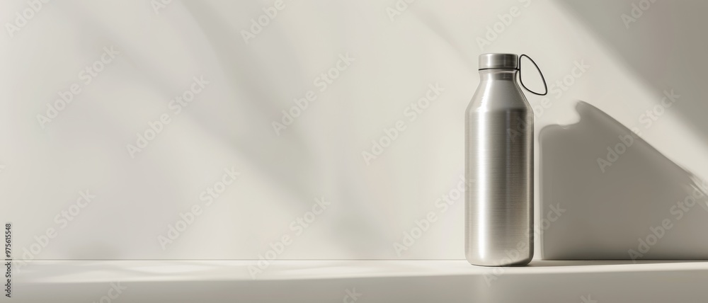 A sleek, metallic water bottle stands alone on a minimalist white surface, bathed in soft shadows and ambient light, exuding simplicity and modernity. A sleek, metallic water bottle stands alone on a minimalist white surface, bathed in soft shadows and ambient light, exuding simplicity and modernity.