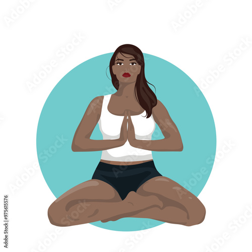 Vector illustration of a brunette girl sitting in the lotus position doing yoga gainst the background of a blue circle