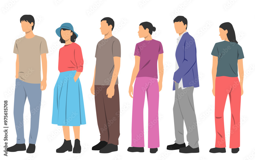 Set of young men and women , different colors, cartoon character, group of silhouettes of standing business people, students, design concept of flat icon, isolated on white background Set of young men and women , different colors, cartoon character, group of silhouettes of standing business people, students, design concept of flat icon, isolated on white background