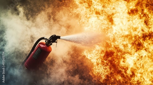 A fire extinguisher being used to put out a fire, symbolizing safety and emergency preparedness. photo