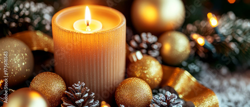 Warm Candlelight Illuminates A Christmas Arrangement Of Gold Ornaments And Pine Cones.