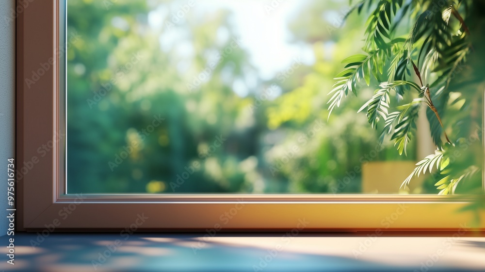 Glass window greenery mountain view corner brown metal frame with plant in outdoor with sun bright Glass window greenery mountain view corner brown metal frame with plant in outdoor with sun bright