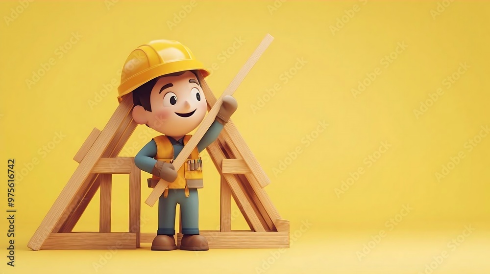 Happy Cartoon Construction Worker Holding Wooden Beam Happy Cartoon Construction Worker Holding Wooden Beam