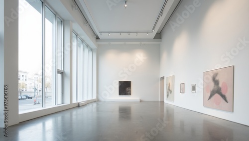 Modern art gallery with white walls concrete floors and floor to ceiling windows