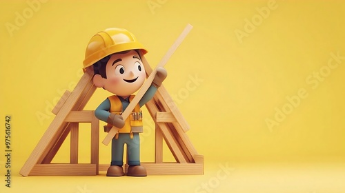 Happy Cartoon Construction Worker Holding Wooden Beam photo