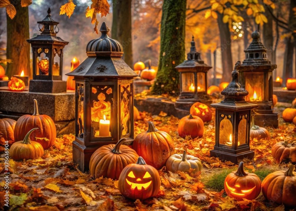 Obraz premium A spooky autumnal exterior features cobweb-covered lanterns, glowing jack-o'-lanterns, and a graveyard of cardboard tombstones amidst a sea of fallen orange and yellow leaves.