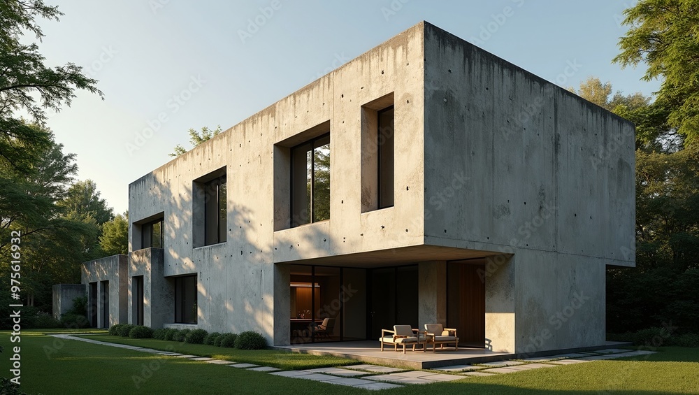 Minimalist brutalist concrete building in contrast with greenery shadows creating bold patterns