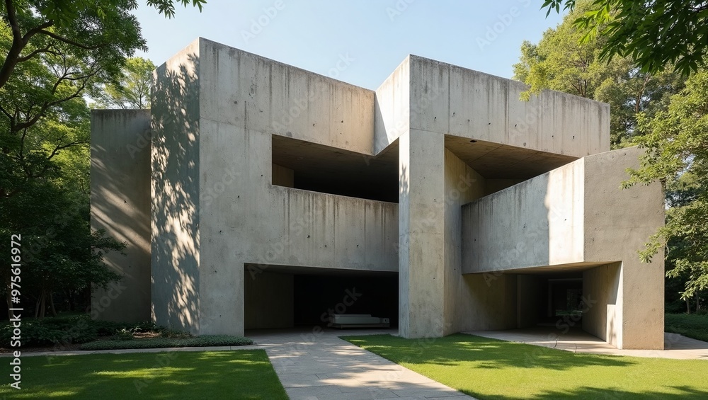 Minimalist brutalist concrete building in contrast with greenery shadows creating bold patterns Minimalist brutalist concrete building in contrast with greenery shadows creating bold patterns
