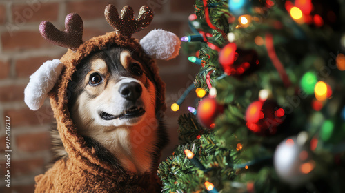 Cute Dog Dressed As Reindeer For Christmas With Christmas Tree In Background. photo