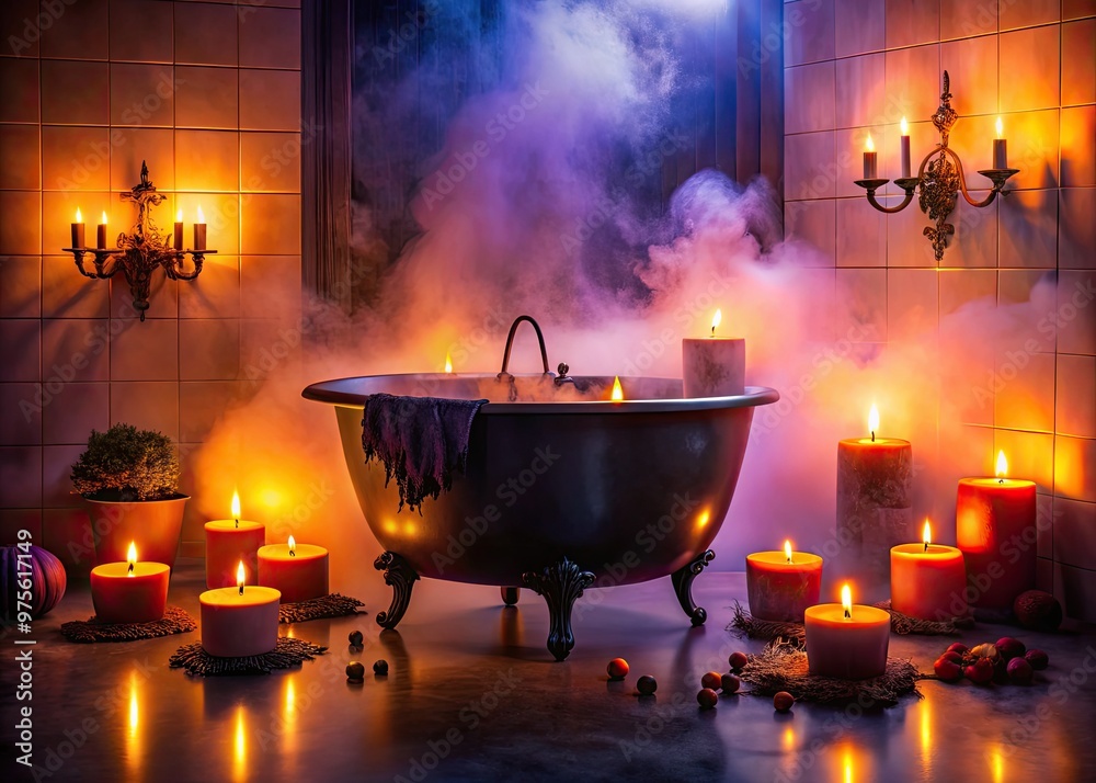 A spooky candles-lit bathroom setting features a black cauldron-shaped tub, eerie fog, and orange and purple decorations, creating a hauntingly festive Halloween ambiance. A spooky candles-lit bathroom setting features a black cauldron-shaped tub, eerie fog, and orange and purple decorations, creating a hauntingly festive Halloween ambiance.