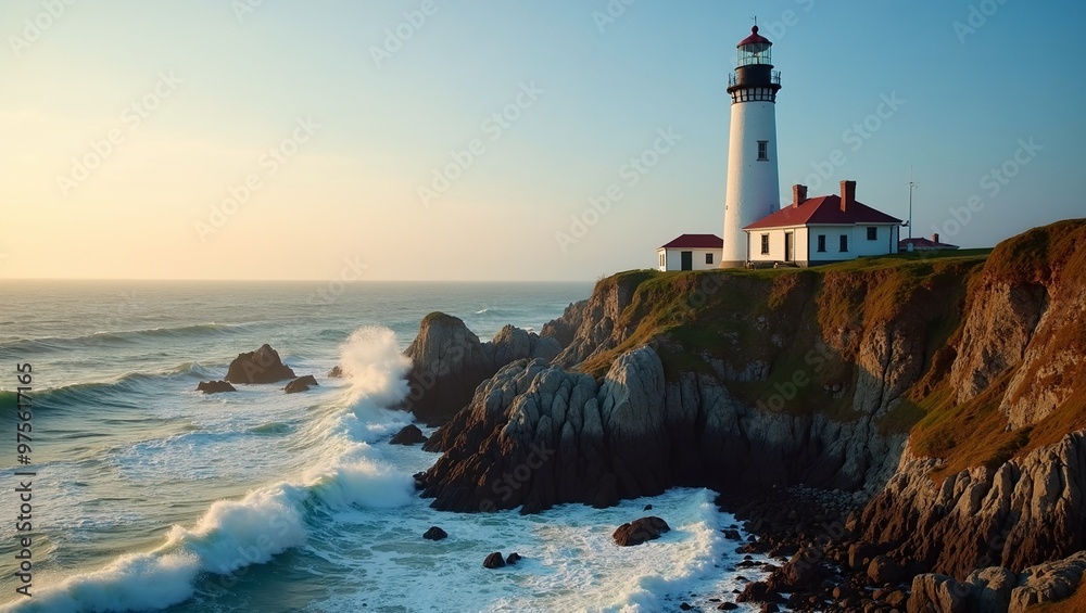 Seaside lighthouse on rocky cliff at sunset waves crashing Seaside lighthouse on rocky cliff at sunset waves crashing
