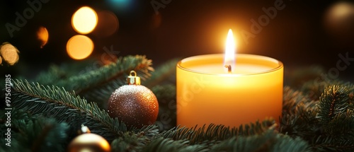 Candlelight Illuminates A Christmas Ornament And Fir Branches.  A Warm And Inviting Scene For The Holiday Season. photo