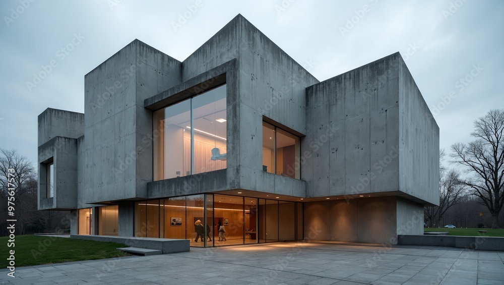Modern art museum with angular concrete structure glass windows and dramatic lighting Modern art museum with angular concrete structure glass windows and dramatic lighting
