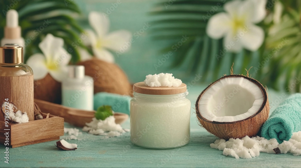 The image shows coconut oil being used as a moisturizer, with a spa setting in the background. The image shows coconut oil being used as a moisturizer, with a spa setting in the background.