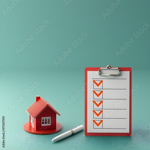 Productivity Concept with Checklist Clipboard, Orange Check Marks, White Pen, and Red House Model on Teal Background for Copy Space Below photo