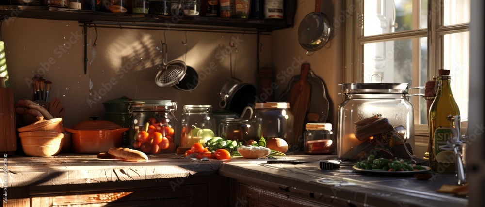 Sunlit rustic kitchen filled with jars of fresh vegetables and spices, evoking a warm, homey atmosphere. Sunlit rustic kitchen filled with jars of fresh vegetables and spices, evoking a warm, homey atmosphere.