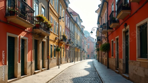 Charming European street with colorful townhouses ornate balconies and flower boxes