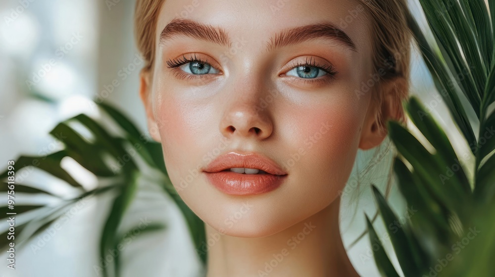 Woman with Clear Skin and Green Leaf Background Woman with Clear Skin and Green Leaf Background