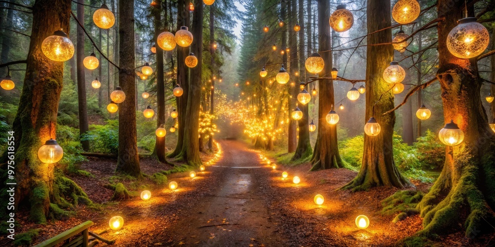 A spooky illuminated pathway weaves through a mystical forest, luminescent orbs and twinkling lights casting an eerie glow on a crisp autumn evening in Oregon City. A spooky illuminated pathway weaves through a mystical forest, luminescent orbs and twinkling lights casting an eerie glow on a crisp autumn evening in Oregon City.
