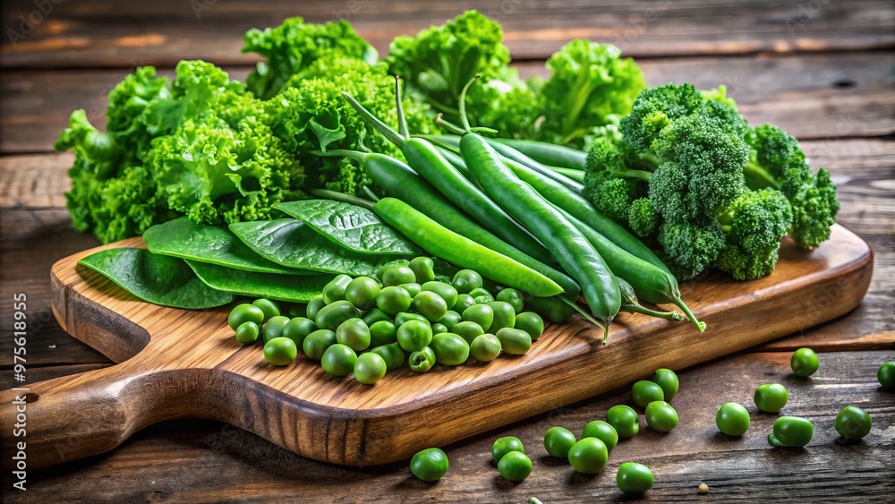 Freshly picked crisp green beans, vibrant leafy kale, and plump green peas, arranged artfully on a rustic wooden cutting board, with soft focus. Freshly picked crisp green beans, vibrant leafy kale, and plump green peas, arranged artfully on a rustic wooden cutting board, with soft focus.