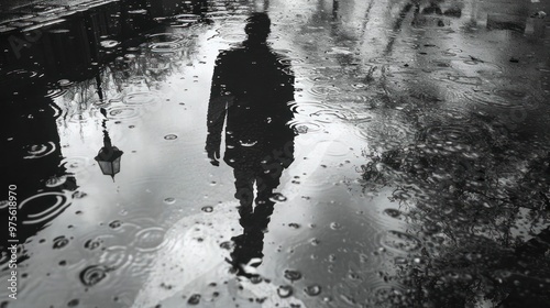 A lone figure silhouetted against the gloomy rainy environment their reflection visible in the puddles that dot the urban landscape  This moody atmospheric scene captures a sense of solitude