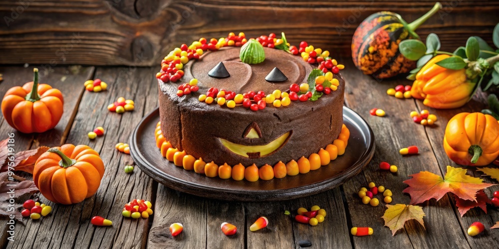 A spooky-ooky vegan Halloween cake features a jack-o'-lantern face on a chocolate cake, surrounded by candy corn and edible flowers, on a rustic wooden table. A spooky-ooky vegan Halloween cake features a jack-o'-lantern face on a chocolate cake, surrounded by candy corn and edible flowers, on a rustic wooden table.