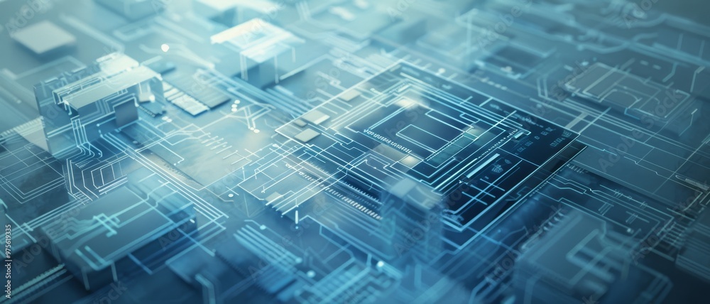A futuristic digital circuit board glows an ambient blue, showcasing intricate electronic pathways and components in a modern tech environment. A futuristic digital circuit board glows an ambient blue, showcasing intricate electronic pathways and components in a modern tech environment.