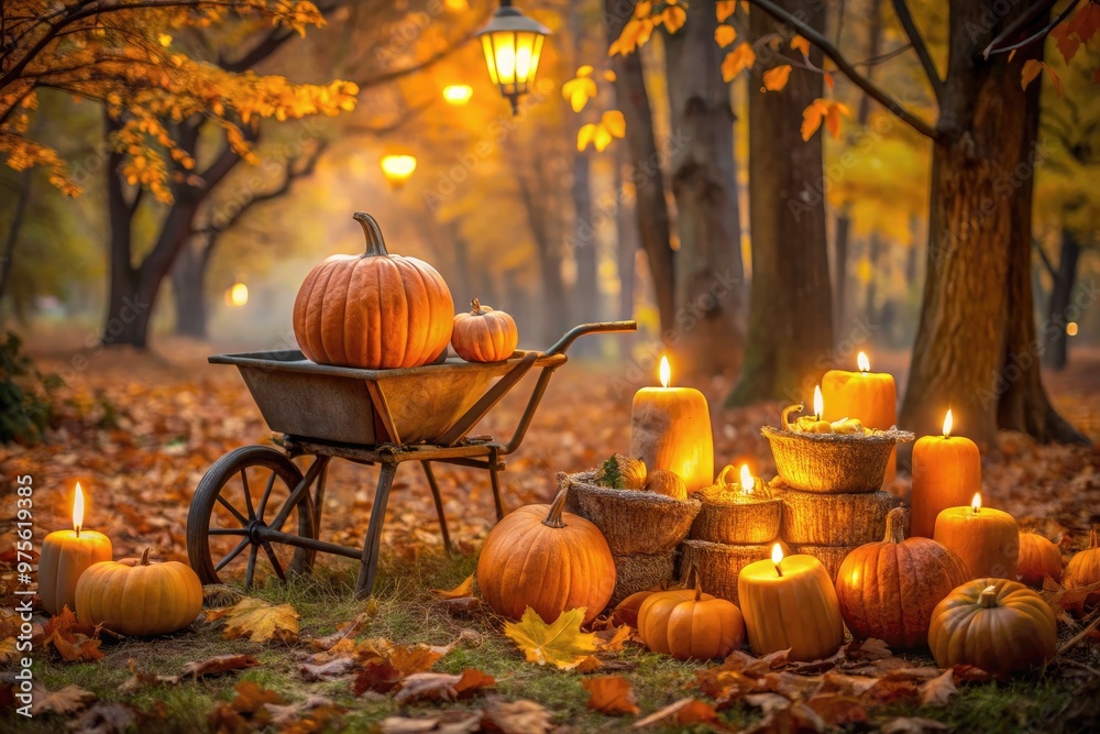 Naklejka premium A spooky pumpkin patch scene with orange lanterns, cobwebs, and a vintage wheelbarrow, surrounded by autumnal leaves and eerie flickering candles on a crisp Wednesday evening.