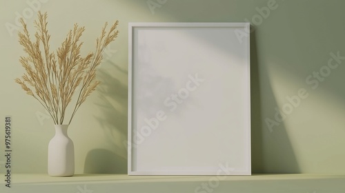 Blank white wooden frame mockup on green wall with plant decoration