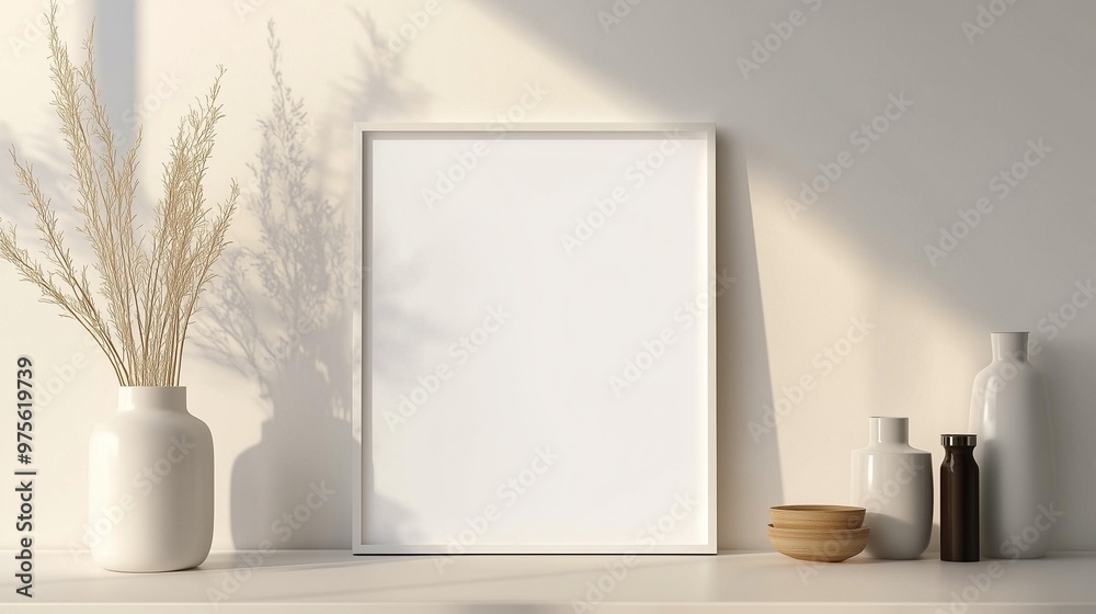Blank white wooden frame mockup on white wall with plant decoration Blank white wooden frame mockup on white wall with plant decoration