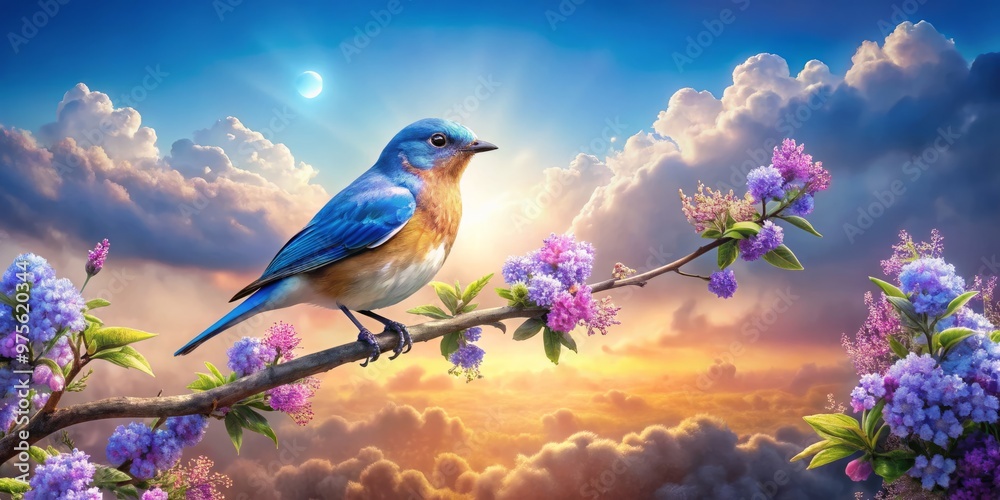 A whimsical bluebird perches on a branch of purple flowers, its feathers shimmering in the sunlight, surrounded by delicate clouds and a serene forest landscape. A whimsical bluebird perches on a branch of purple flowers, its feathers shimmering in the sunlight, surrounded by delicate clouds and a serene forest landscape.