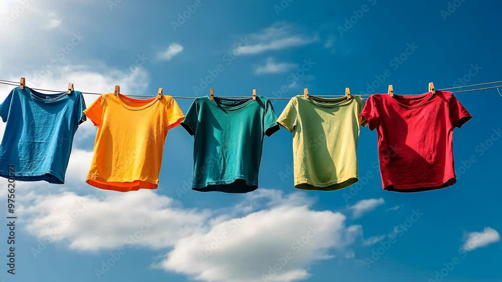 Brightly colored t-shirts drying on a clothesline against a clear blue sky on a sunny day Brightly colored t-shirts drying on a clothesline against a clear blue sky on a sunny day