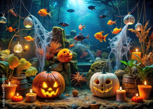 A spooky underwater scene featuring a decorated aquarium with glowing jack-o-lanterns, cobweb-covered coral, and floating ghosts amidst a school of orange and black fish. photo