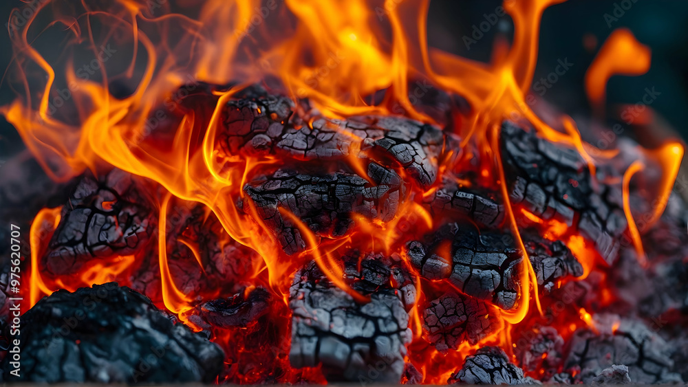 Bright orange flashes of fire from a bonfire on coals Bright orange flashes of fire from a bonfire on coals