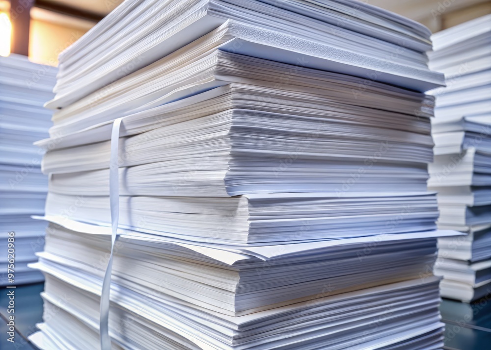 A stack of pristine white copy paper reams exudes crispness and organization, neatly bundled together with a sense of order and precision. A stack of pristine white copy paper reams exudes crispness and organization, neatly bundled together with a sense of order and precision.