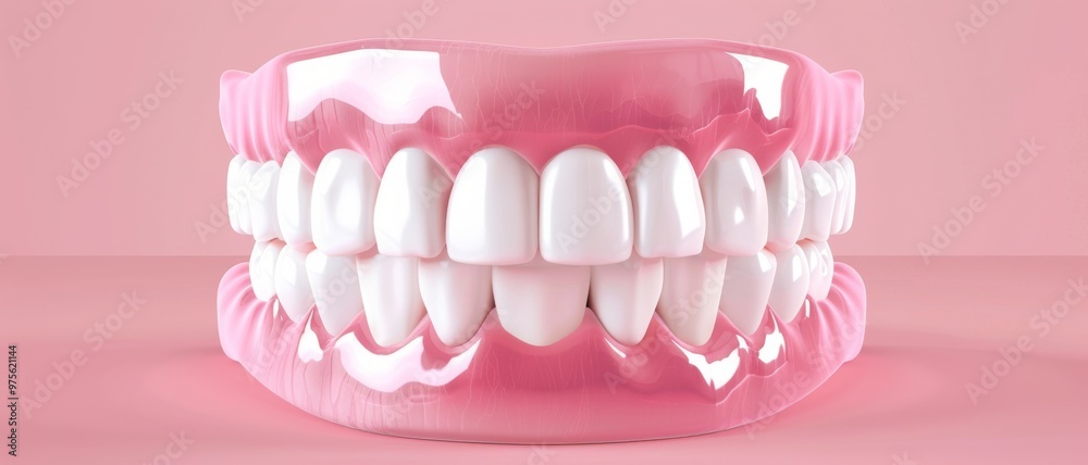 Fototapeta premium Pristine dentures gleaming against a soft pink background, highlighting dental care and the importance of oral health with a touch of sophistication.