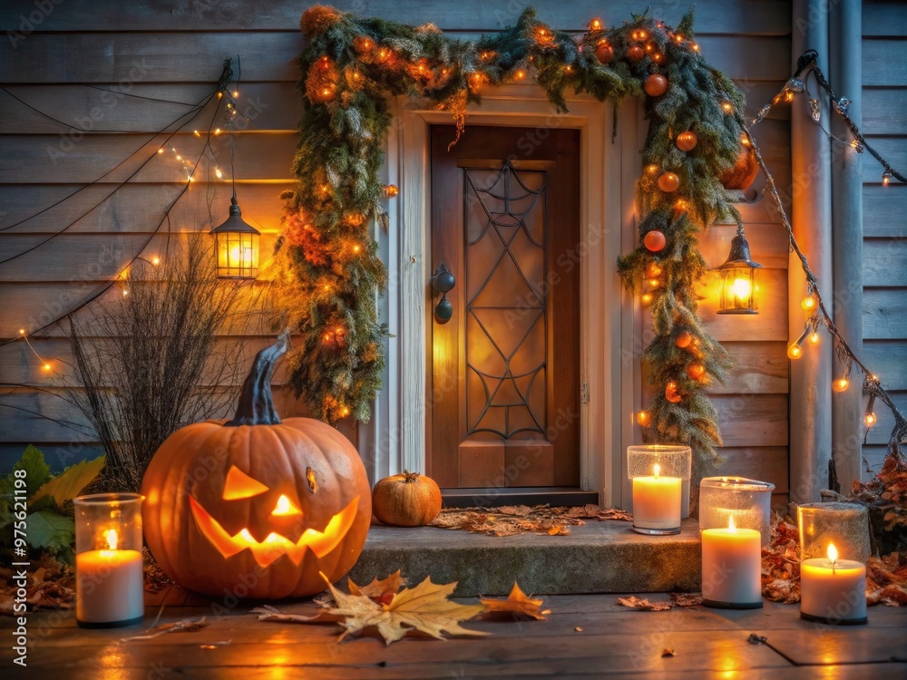 Obraz premium A spooky yet inviting porch scene featuring a candlelit jack-o'-lantern, cobweb-covered door, and autumnal garland, perfect for eerie and festive Halloween decoration inspiration.