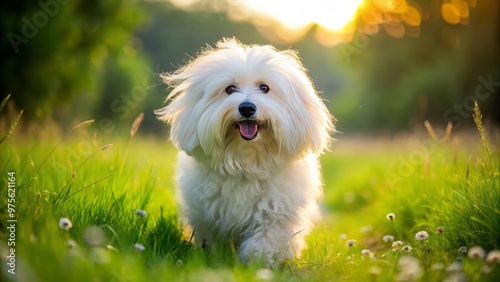 A white fluffy little Bolognese dog meanders through a lush green meadow, its paws barely touching the soft grass as it sniffs the sweet air.