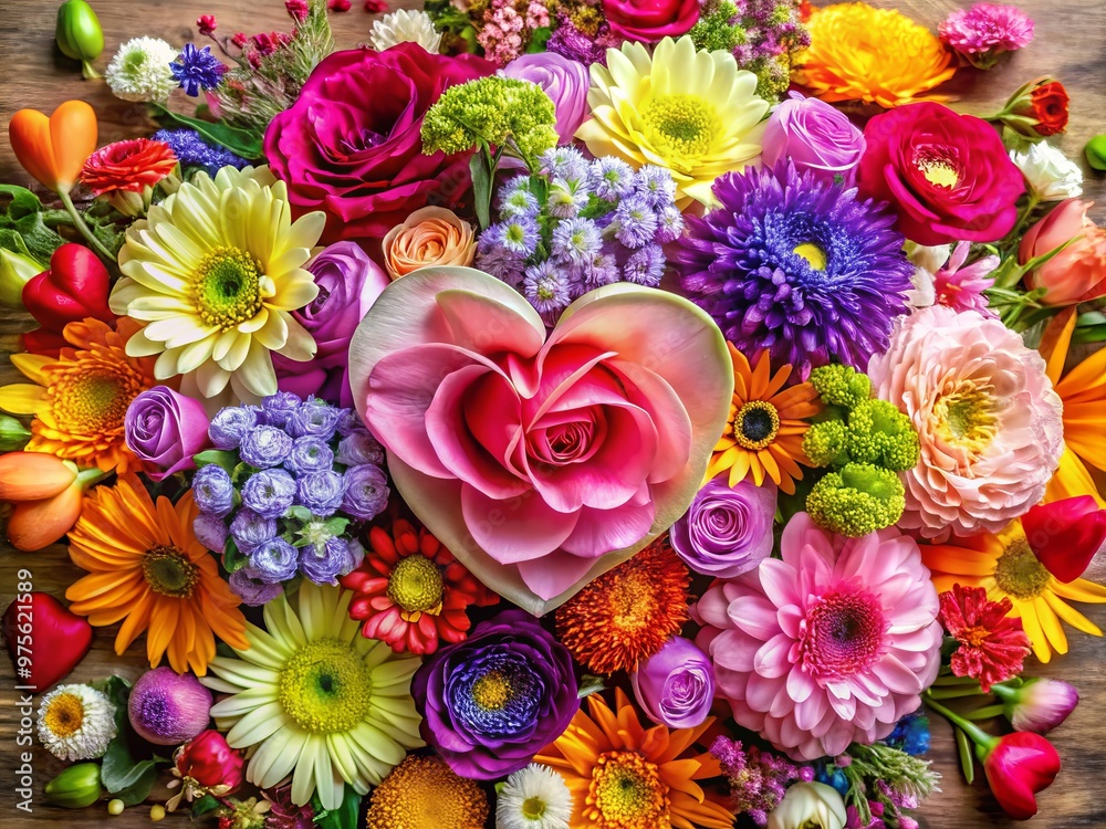 Blooming bouquet of colorful flowers with delicate petals and stems, surrounded by intricate heart shapes in various sizes and arrangements. Blooming bouquet of colorful flowers with delicate petals and stems, surrounded by intricate heart shapes in various sizes and arrangements.