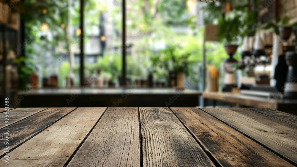 A cozy café interior with wooden tables and lush greenery in the background during the afternoon hours A cozy café interior with wooden tables and lush greenery in the background during the afternoon hours