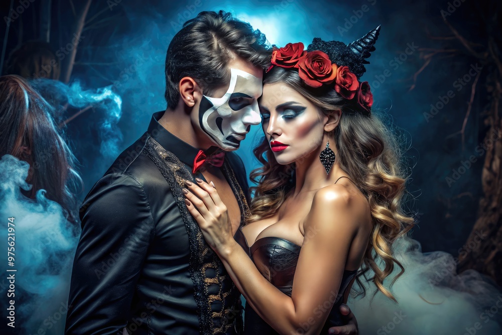 Fototapeta premium A sultry couple embracing in a dimly lit setting, dressed in provocative Halloween costumes, exuding sensuality and mystery with seductive gazes and tantalizing poses.