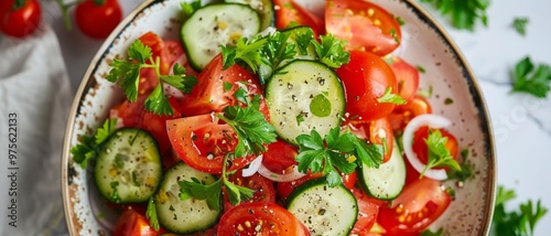 A vibrant salad bursting with color, featuring fresh cucumber, tomato, parsley, onions, and a sprinkle of seasoning, arranged on a speckled ceramic plate.